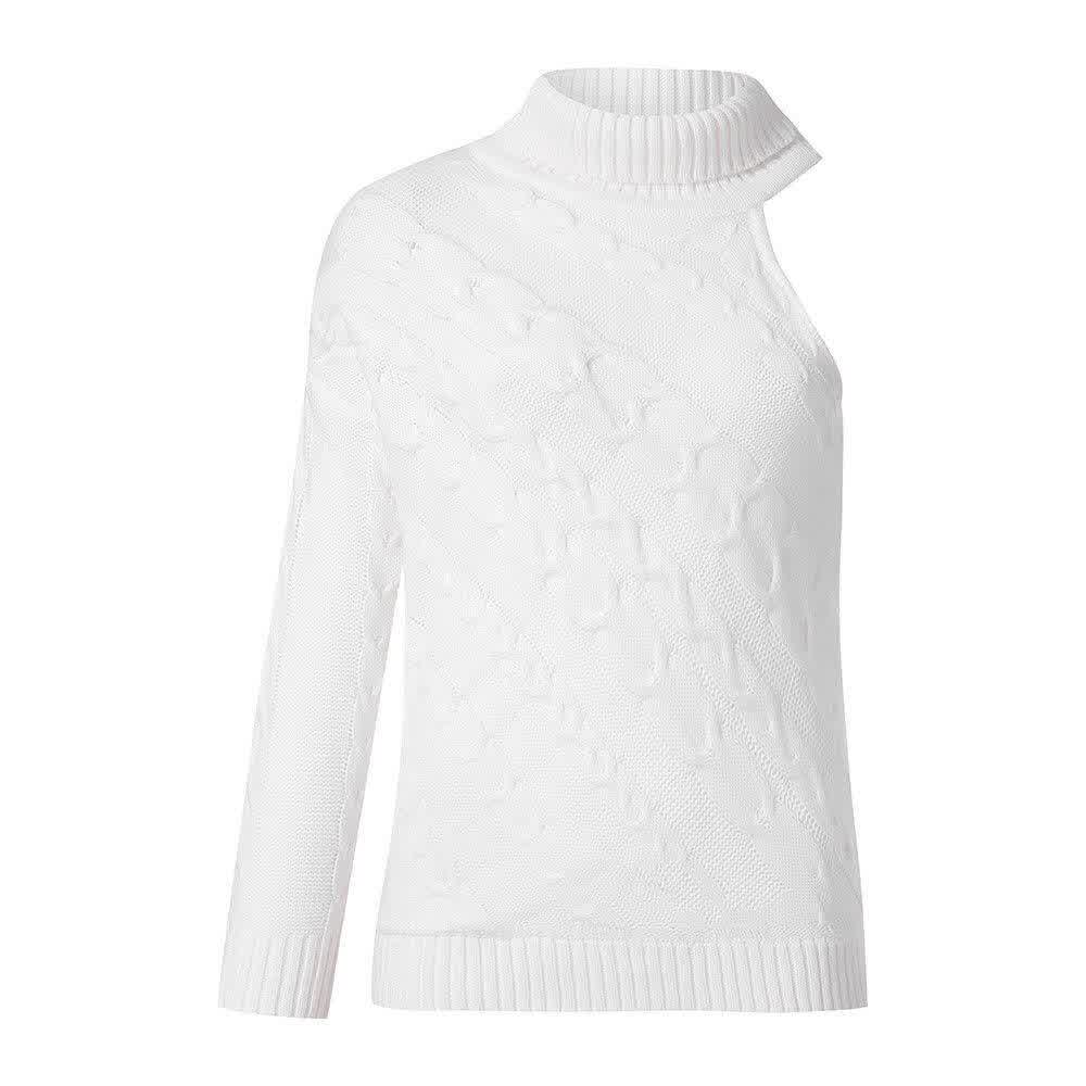 Ladies Casual Solid Turtleneck Knitted Pullover Sweaters Tops Fashion Women Autumn Long Sleeve One Shoulder Sweater
