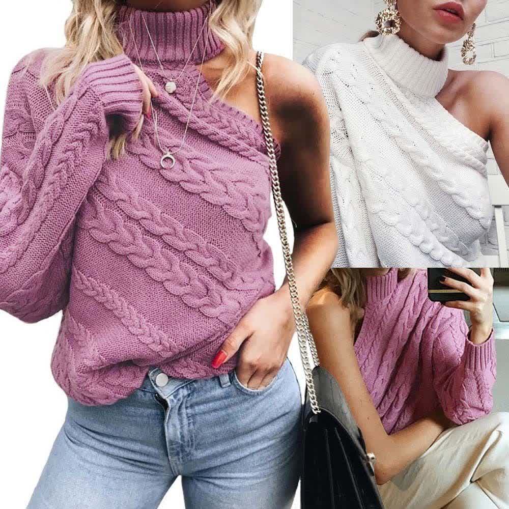 Ladies Casual Solid Turtleneck Knitted Pullover Sweaters Tops Fashion Women Autumn Long Sleeve One Shoulder Sweater