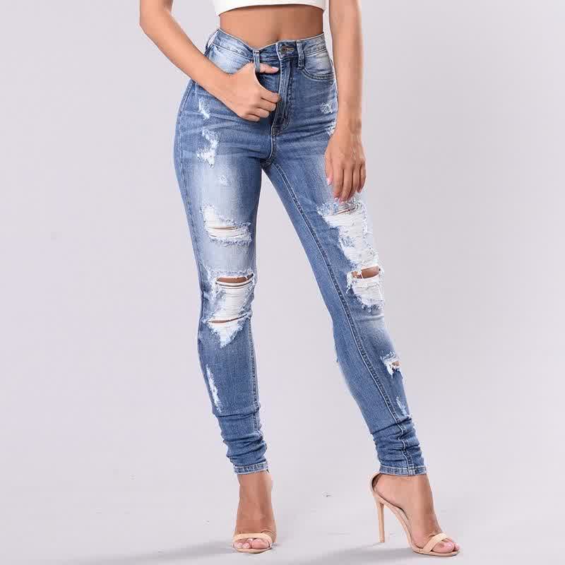 Women Ripped Hole Jeanscasual Fashion Slim Skinny Pencil Jeans Summer Long Stretch Female Tight Denim Jeans