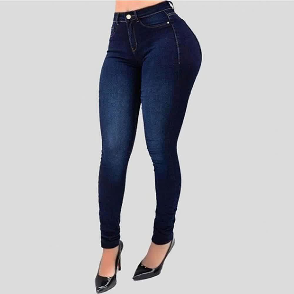 Women High Waisted Skinny Denim Jeans Stretch Slim Pants Calf Length Jeans Casual Button Office Lady Pants