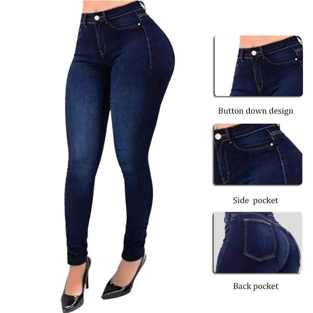 Women High Waisted Skinny Denim Jeans Stretch Slim Pants Calf Length Jeans Casual Button Office Lady Pants