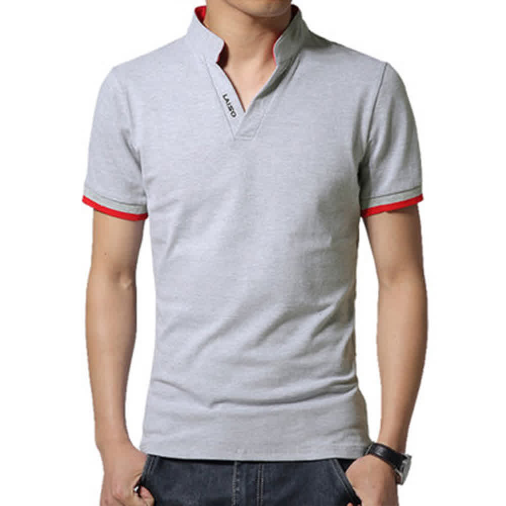Men Casual Solid Color Cuff Stripe Pattern Standing Collar Shirt 