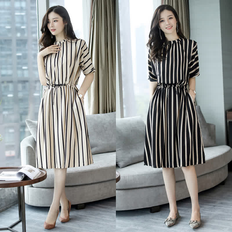 Elegant Stripes Pattern Tight Waist Dress