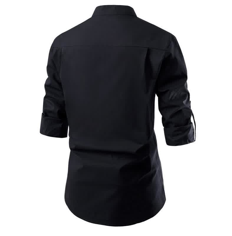 Men Solid Color Pullover Stand Collar Long Sleeve Casual Shirt Navy 
