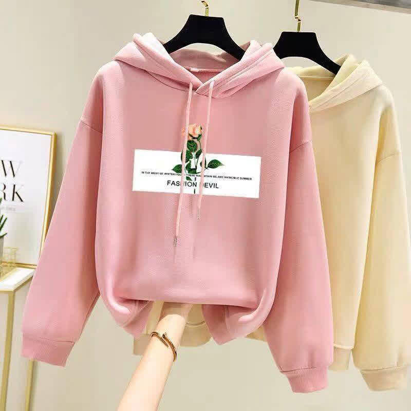 Women Fleece Lined Long-Sleeved Thicken Hoodie for Students in Autumn Winter 