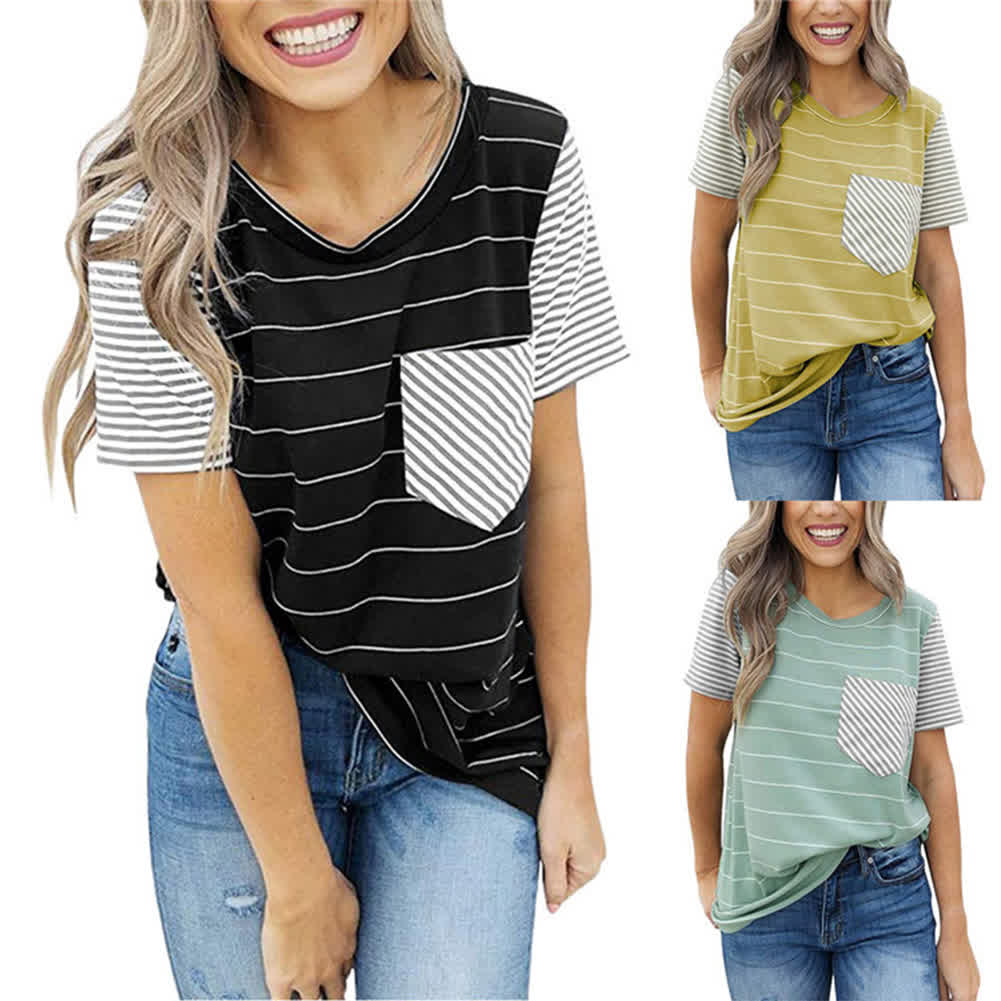 Female Fashion Stripes Shirts Stitching Pocket Short Sleeve Tops  Brown_XXL