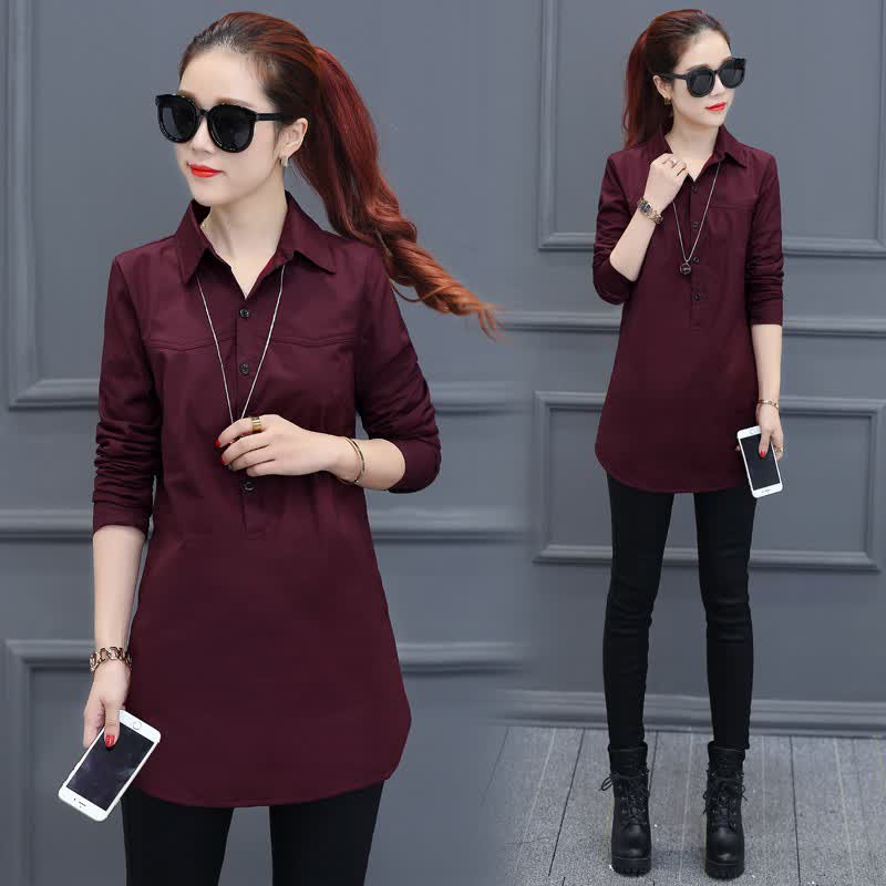 Women Loose Long-sleeved Business Suit Collar Solid Color Shirt Pink_L