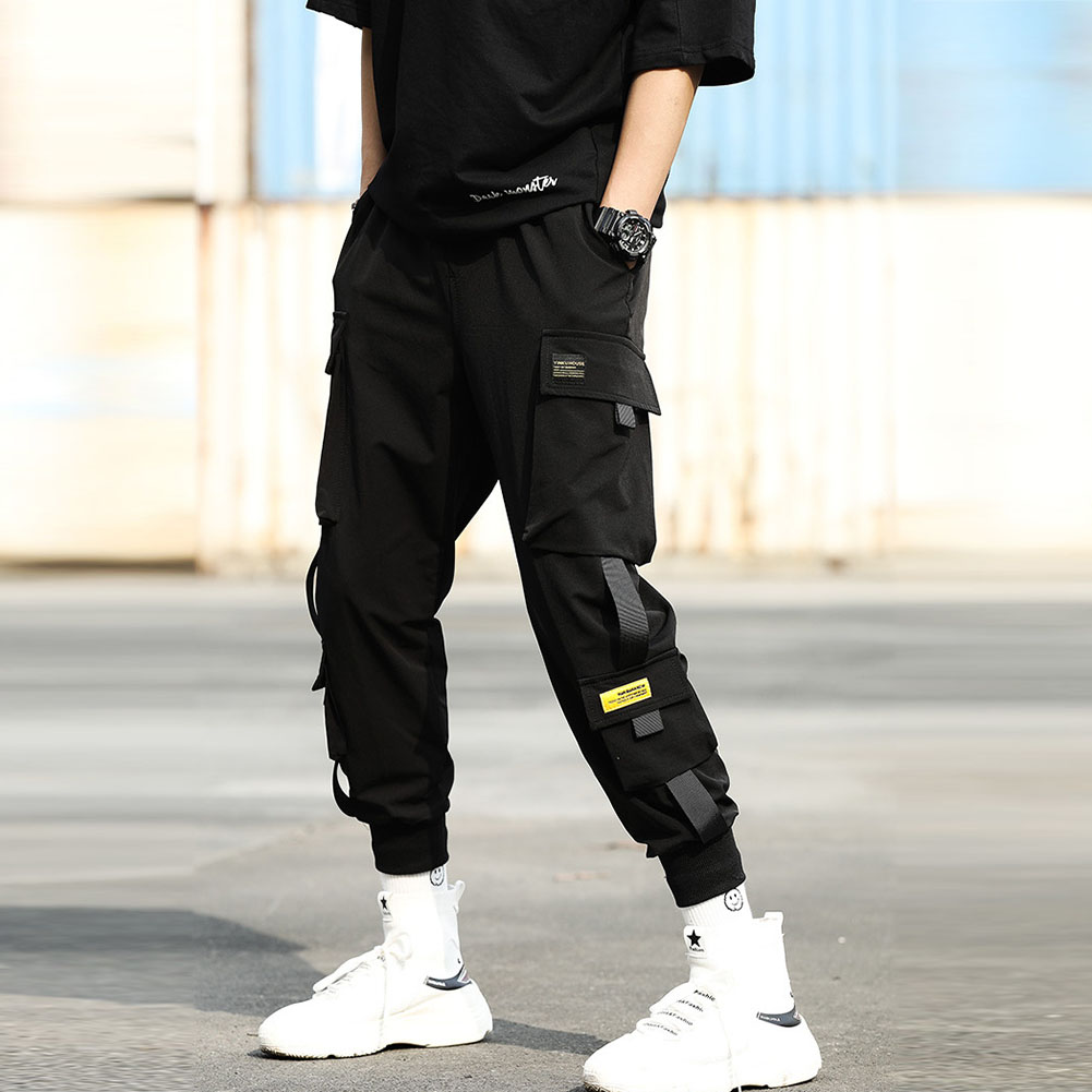 Men Cargo Harem Pants Fashion Ribbons Multi Pockets Solid Color Loose Casual Sports Trousers 