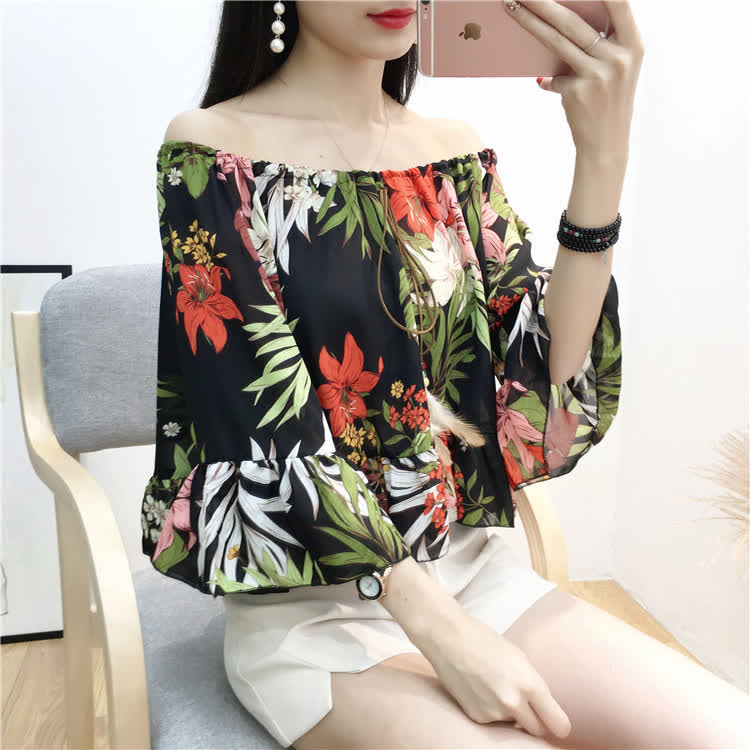 Women Sexy Off Shoulder Chiffon T -Shirt Floral Printing Madarin Sleeves Tops
