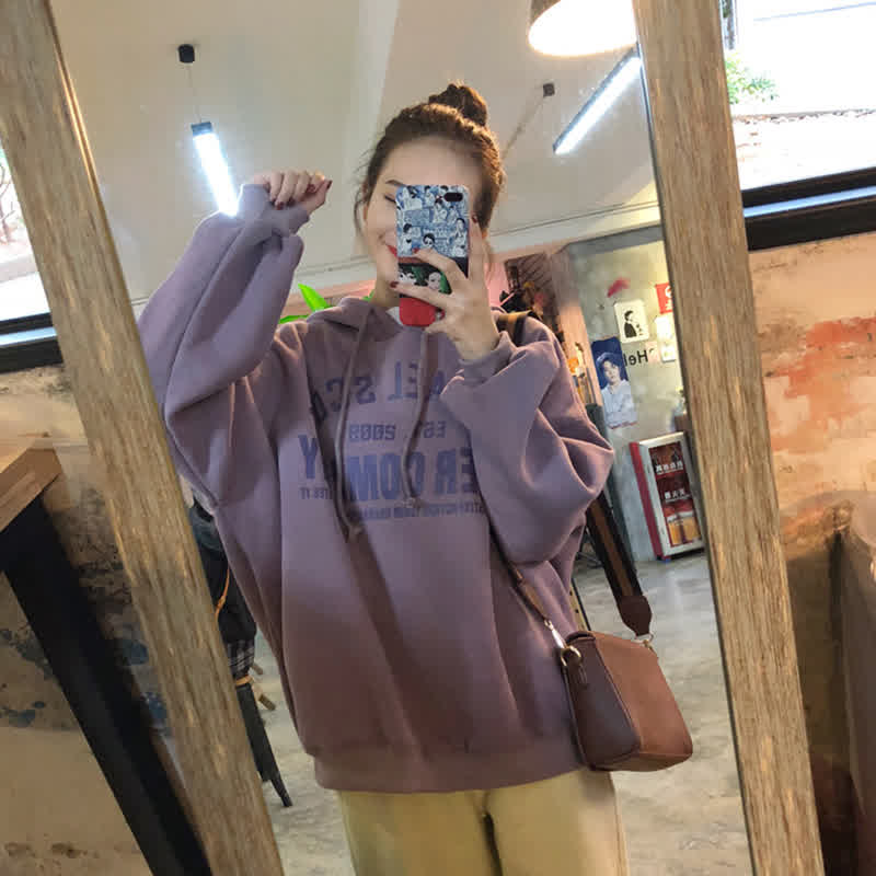 Lady Thicken Loose Hoodie Sweatshirt Printing Letter Autumn Winter Casual Pullover Tops