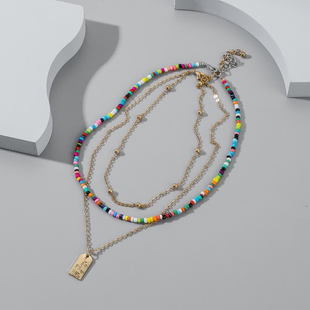 2 Pcs/set Women's Necklace Bohemian Style Multi-layer Color Seedbead Metal Pendant Necklace Golden