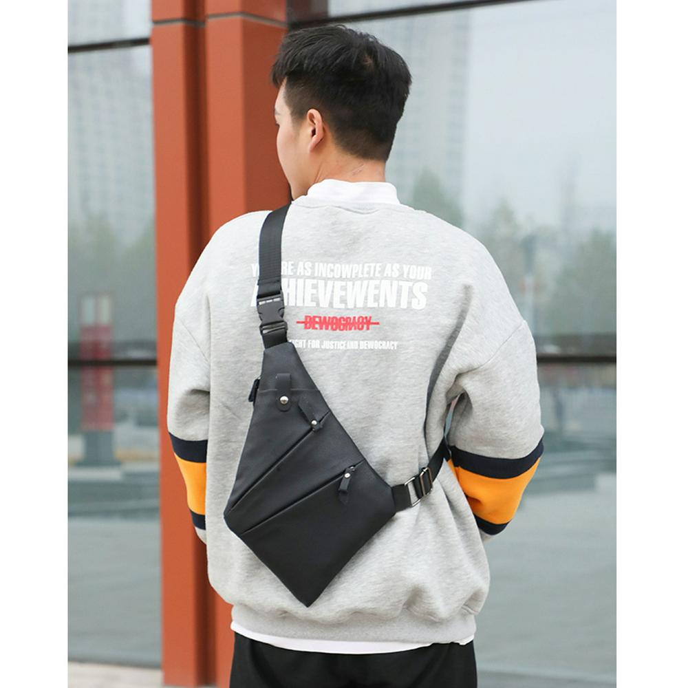Men Chest Bag USB Port Anti-theft PU Leather Single Shoulder Cross-body Casual Satchel black