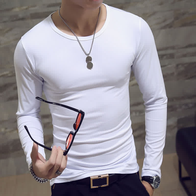 Fashion Men Long Sleeve Shirt Soft Slim T-shirt Concise Solid Color Tops  white round neck 