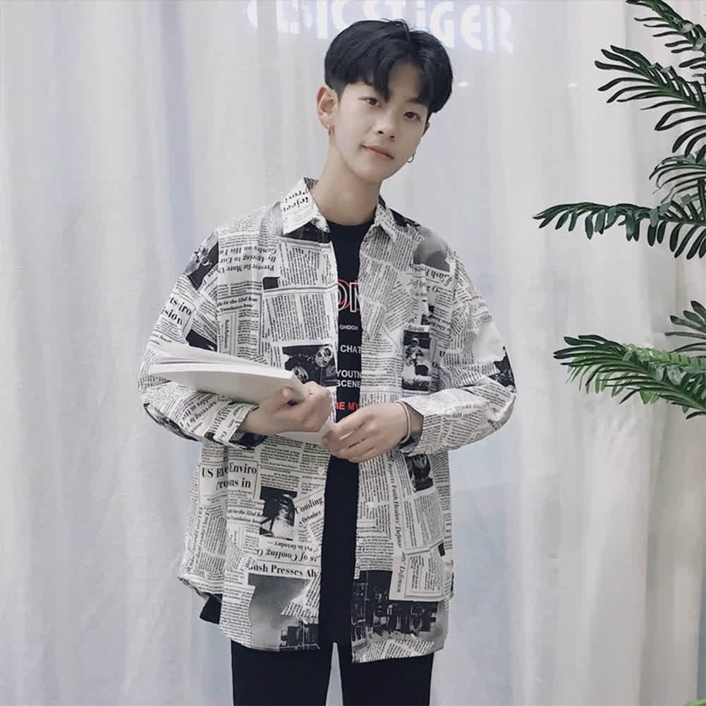 Fashion Spring Summer Long Sleeve Shirt with Newspaper  Loose Shirt Newspaper long lining 