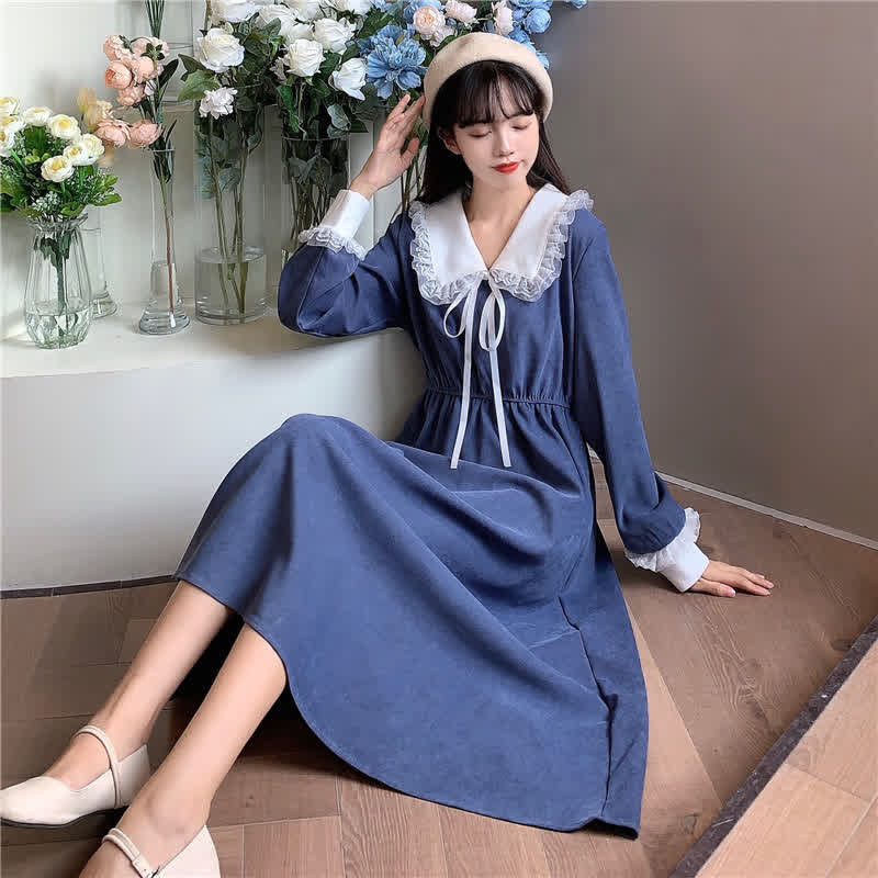 Vintage Dress Women Sweet Lace Peter Pan Collar French Elegant Long Sleeve Lace-Up Fairy One Piece Dress Korean Autumn Chic