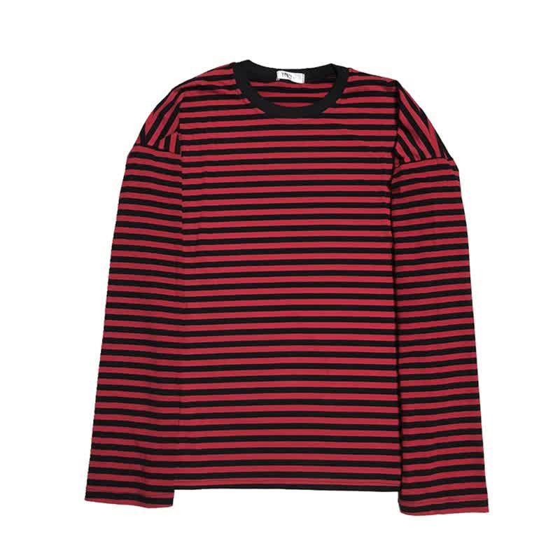 Women Men Fashion Vintage Black Red Stripe O-neck Long Sleeve T-shirts Female Casual Tshirts