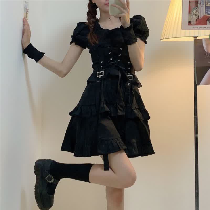  Women's Gothic Lolita Dress Goth Punk For Girls Japanese Harajuku Bandage Black Dress Puff Sleeve Mini Dresses Emo Clothes