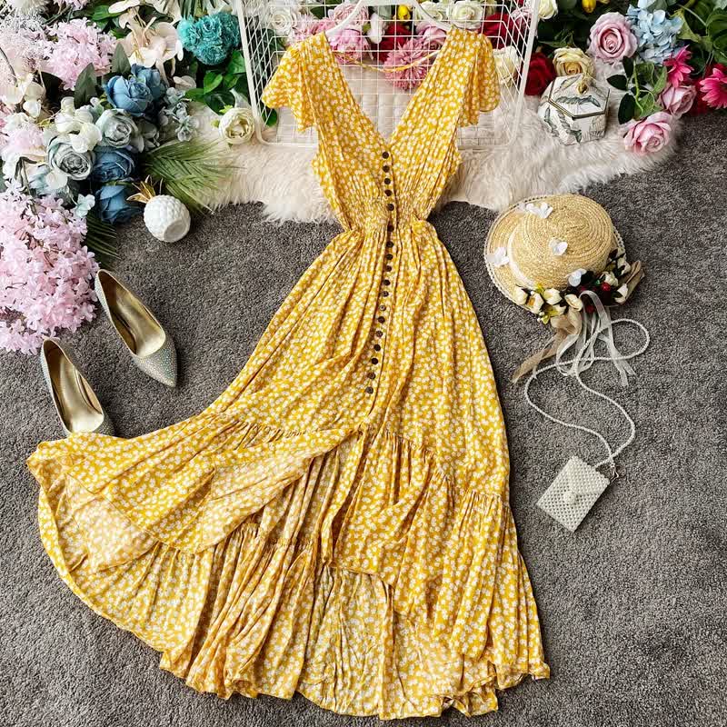   Women Summer Floral Maxi Dress Bohemian Irregular Ruched Backless Ruffle Dress Vintage Long Cotton Print Beach Sundress