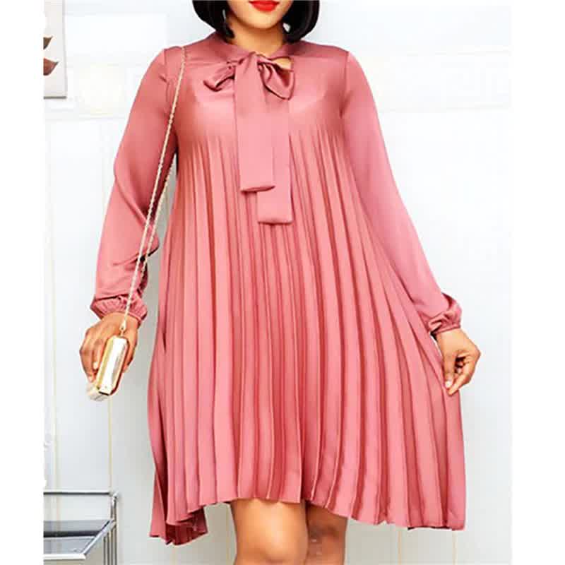 Plus Size Pleated Dresses with Bowtie Long Lantern...