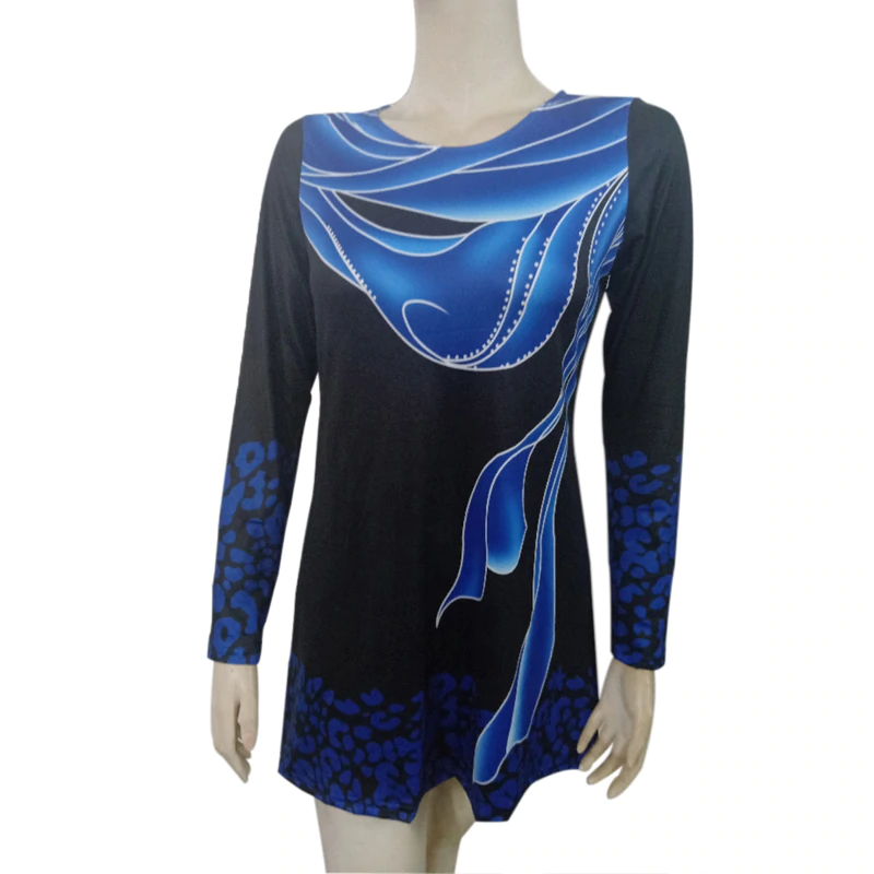 Women New summer Boho Print Blue Tops Long Sleeve Elasticity Female T-Shirt Casual Loose
