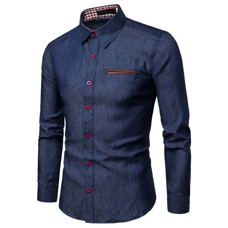 Autumn Mens Jeans Shirt Solid Slim Fit Long Sleeve...