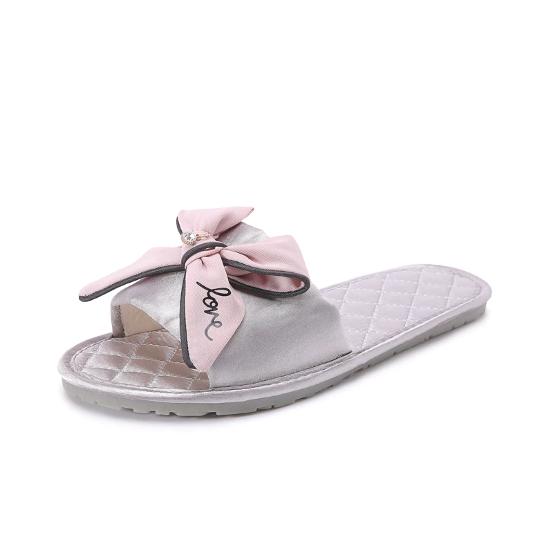 Women Silk Slippers Flat Heel Platform Slides Cute Casual Peep Toe Butterfly Knot Female Ladies Indoor Shoes