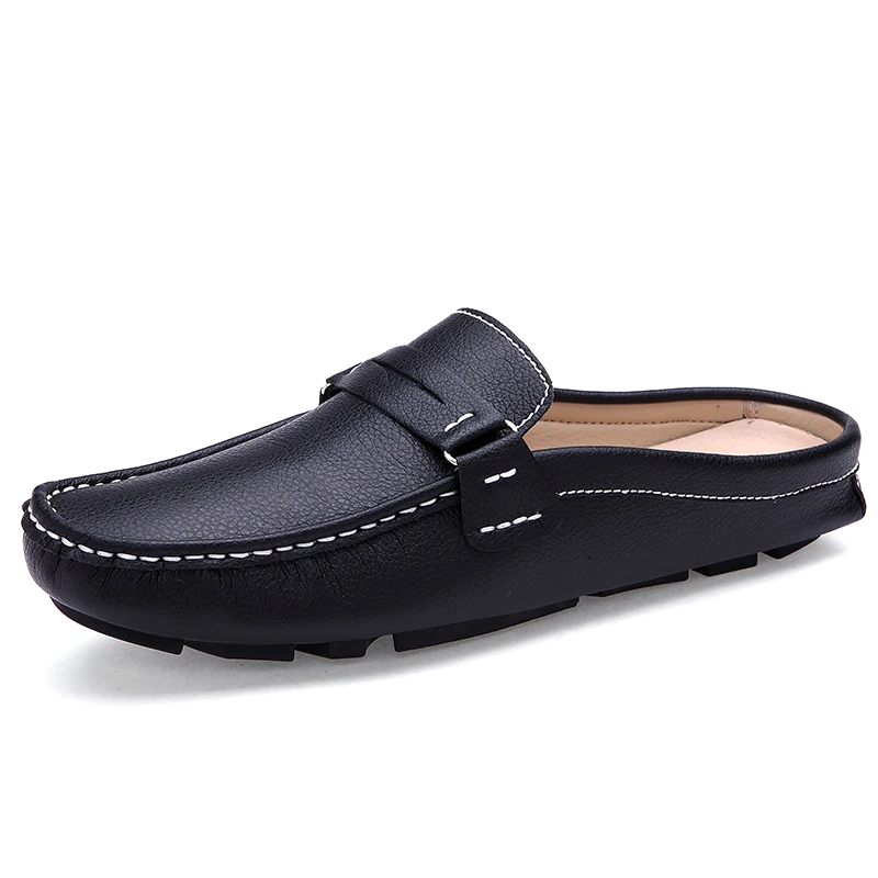 Men Shoes Summer Casual Flat Shoes Man Soft Leather Shoes Slip-on Half Slippers Men Comfortable Driving Loafers