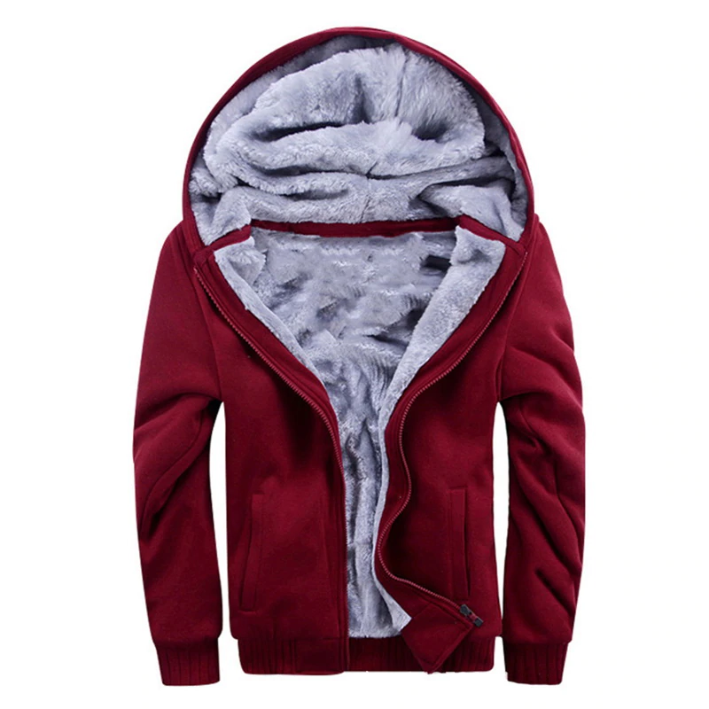 Thickened Warm Coat Casual Zipper Hooded Fleece Long Sleeve Jacket Male Solid Color Parkas