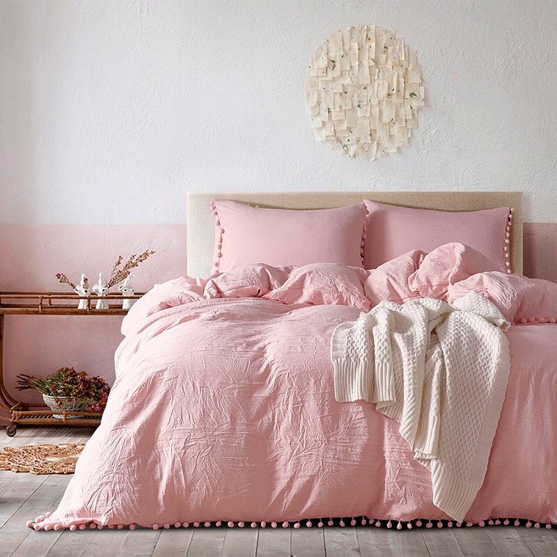 Claroom Solid Color Cute Pink Bedding Set Ball Lace Duvet Cover Set and Pillowcases bed linen Comforter Sets