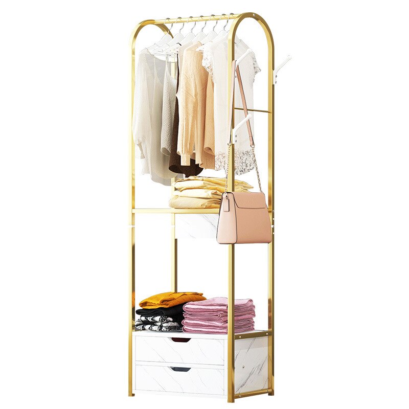 Bedroom furniture standing coat rack 2 drawers clothes storage floor hanger golden frame marble texture MDF drawer wardrobe