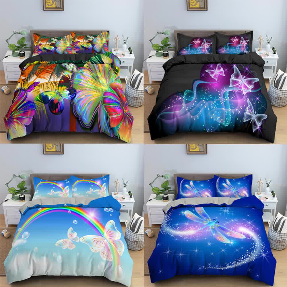 Galaxy Butterfly  Dragonfly Bedding Set Rainbow Bedline Soft Duvet Cover