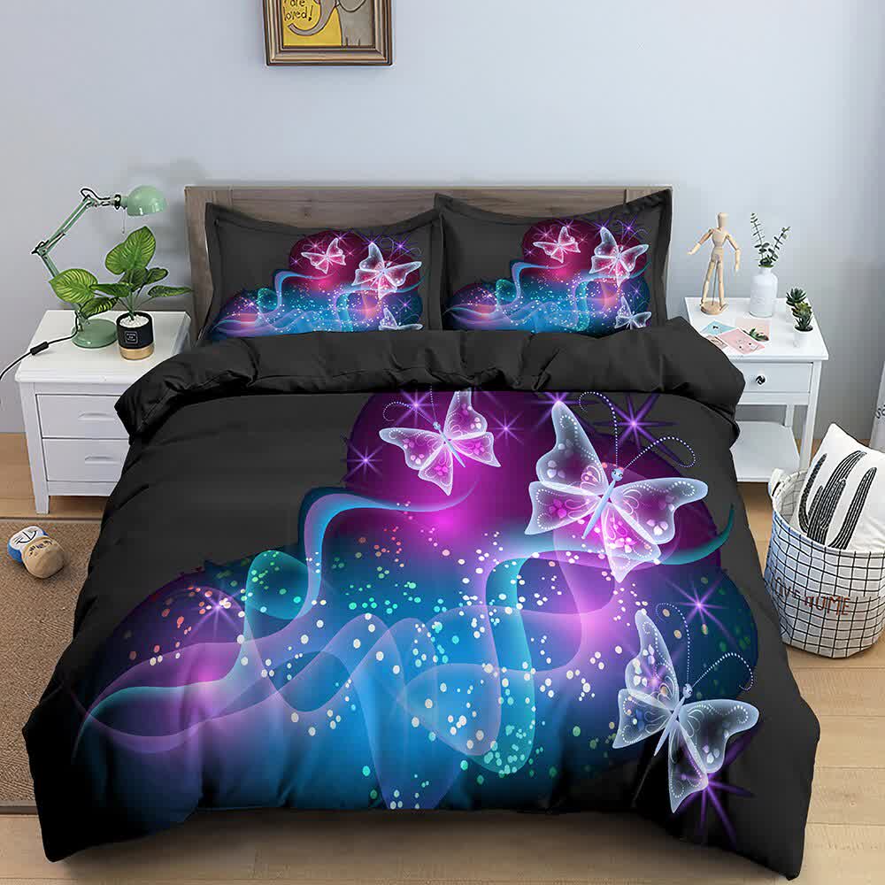 Galaxy Butterfly  Dragonfly Bedding Set Rainbow Bedline Soft Duvet Cover