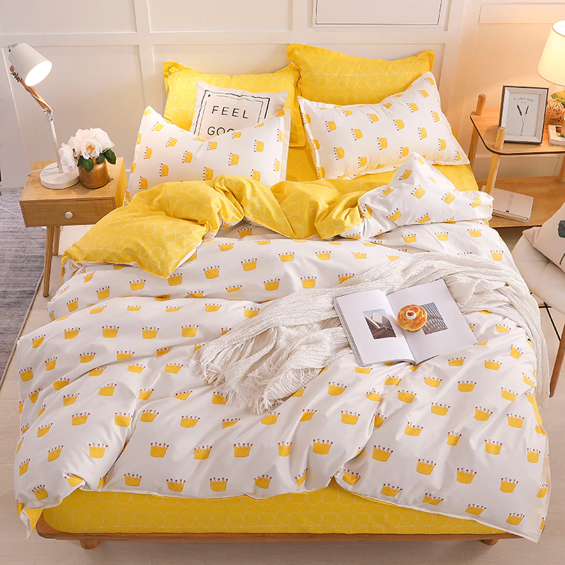 Bonenjoy Yellow Crown Single Bed Set Reactive Printed Simple Double Bed sheet ropa de cama Queen Bed Linen King Size Bedding