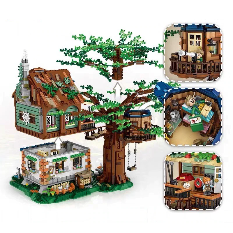Architecture Tree House Wooden Waterwheel Swing 3D Model DIY Mini Blocks Bricks Building Toy for Children no Box