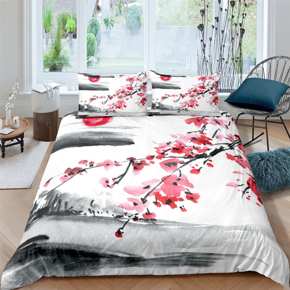 Bedding Set Digital Bedclothes King Size Plum Blossom Ink Painting Printed Duvet Cover Set Queen Home Textiles