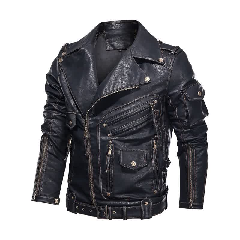 Mens Winter Leather Jacket Fashion Motorcycle Leather Jacket Men Cool Zipper Multi-pocket Leather Coats Bike