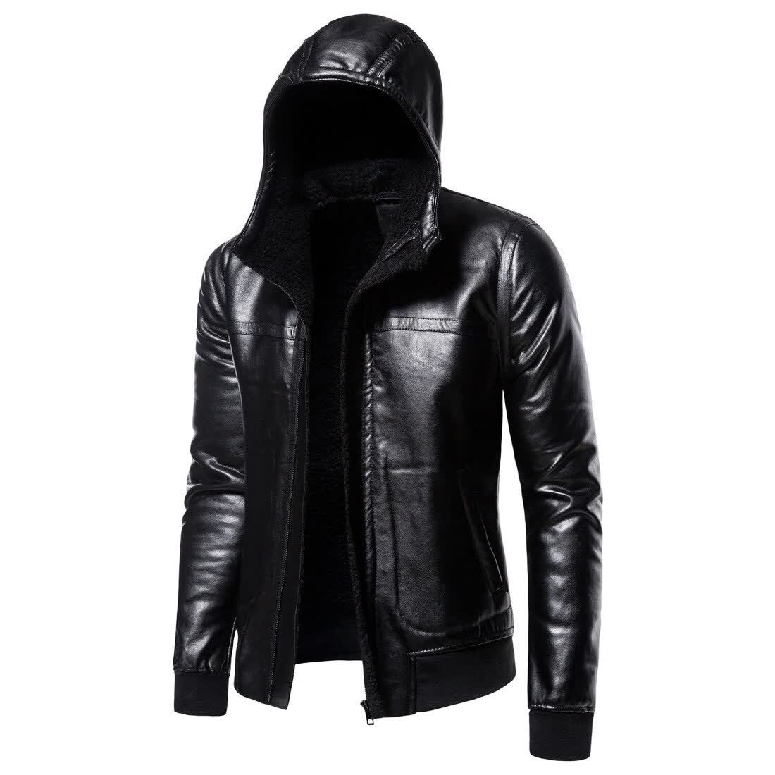Men Winter Hooded Leather Jackets Thicker Warm PU Leather Jackets and Coats Good Quality Men Slim Fit Black Lether Jackets 