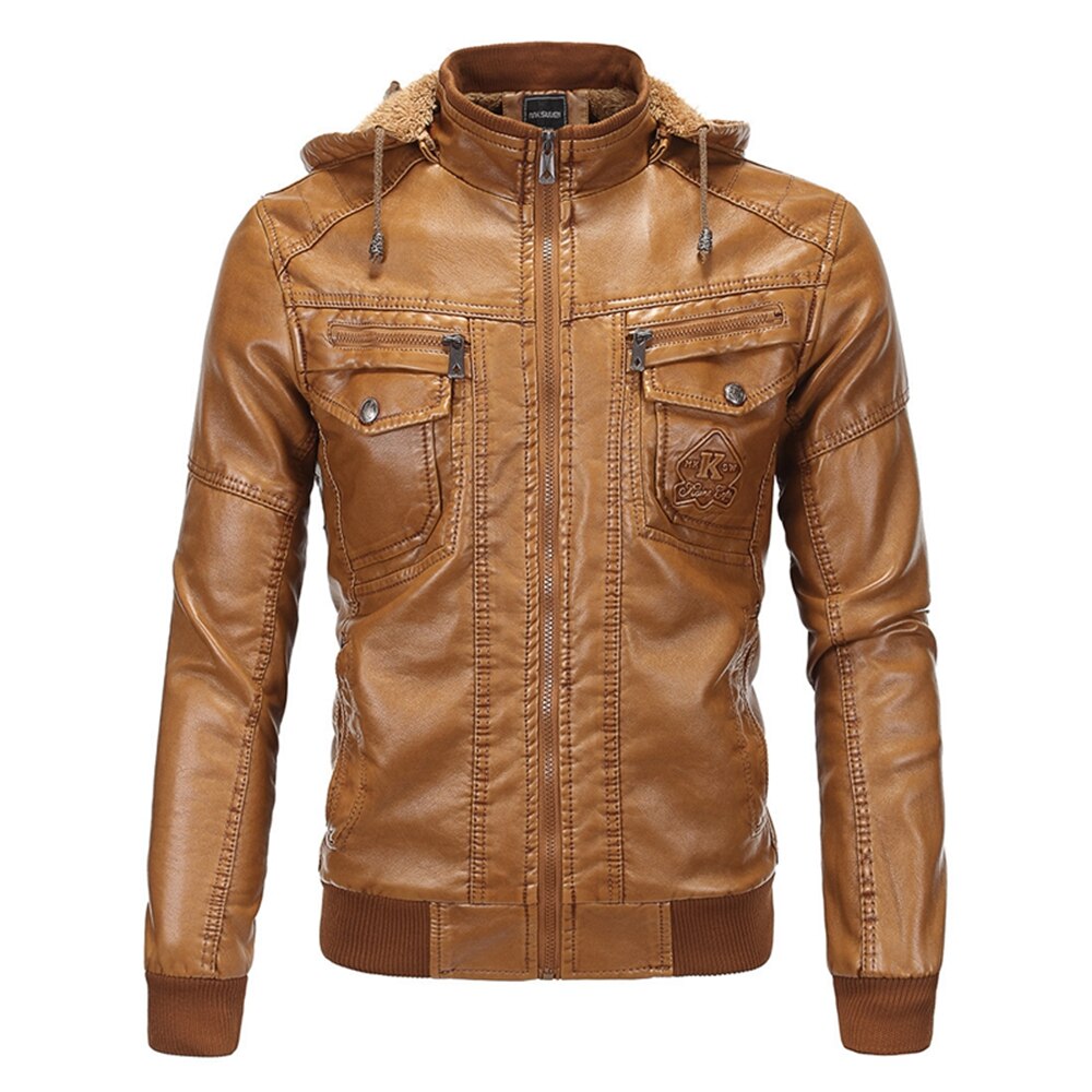Autumn Winter New Men's Pure Color Fleece Warm Hooded Slim Men's Leather Coat Zipper Pocket High Quality Leather Jacket