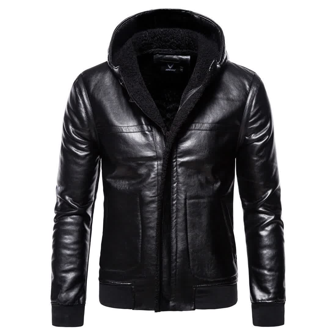 Winter Hooded Leather Jackets Thicker Warm Leather Jackets and Coats Good Quality Men Slim Fit Black Lether Jackets