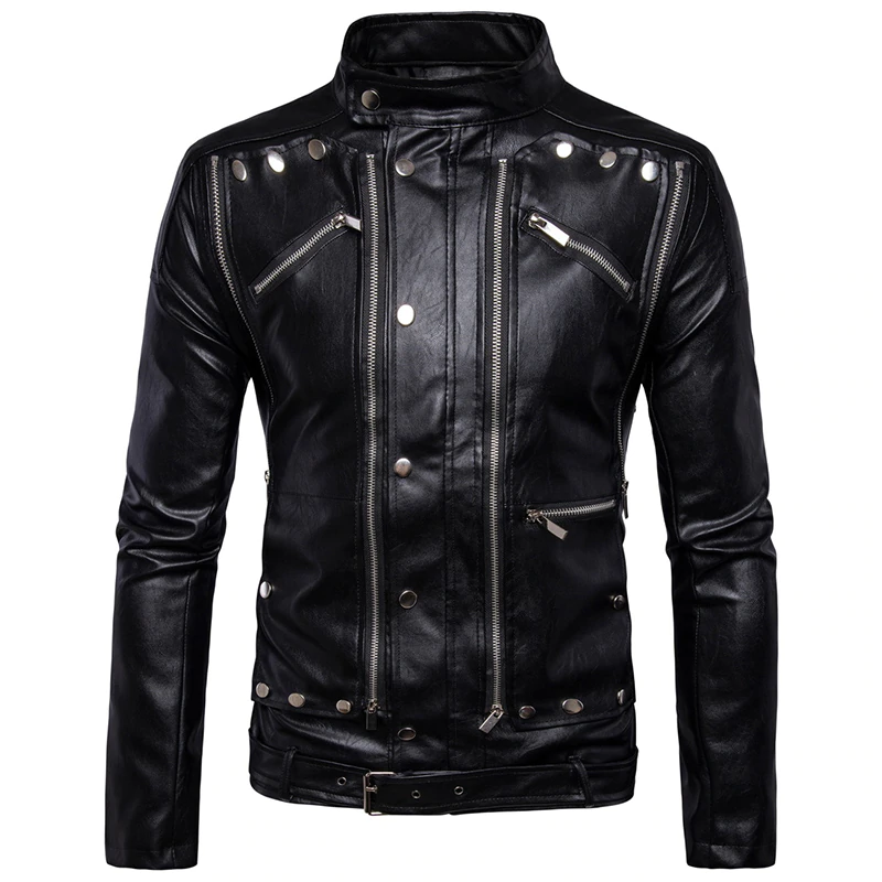 New fashion motorcycle biker leather jackets Multi-zipper Black Men leather jackets coats
