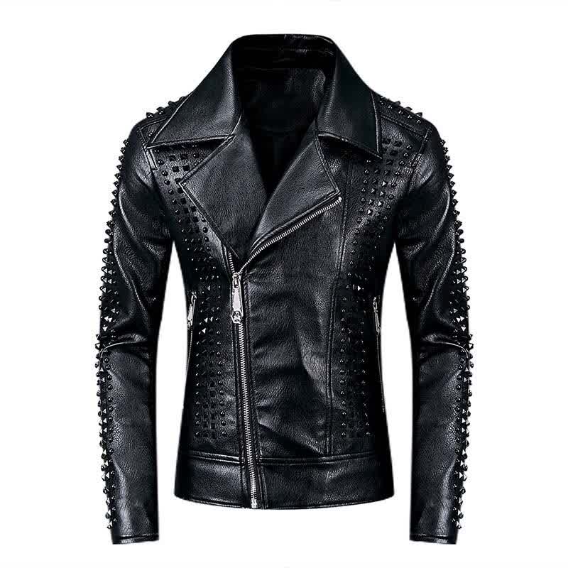 Men Punk Style Leather Jackets With Rivets Motorcycle Faux Leather Jackets Outwear For Male Black