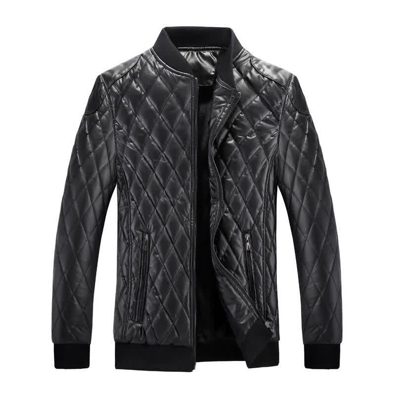 Men's Leather Jackets Stand Collar Thick Warm Motorcycle Bike Riding Faux Jacket Men Leather Casual Patchwork Collar Zipper