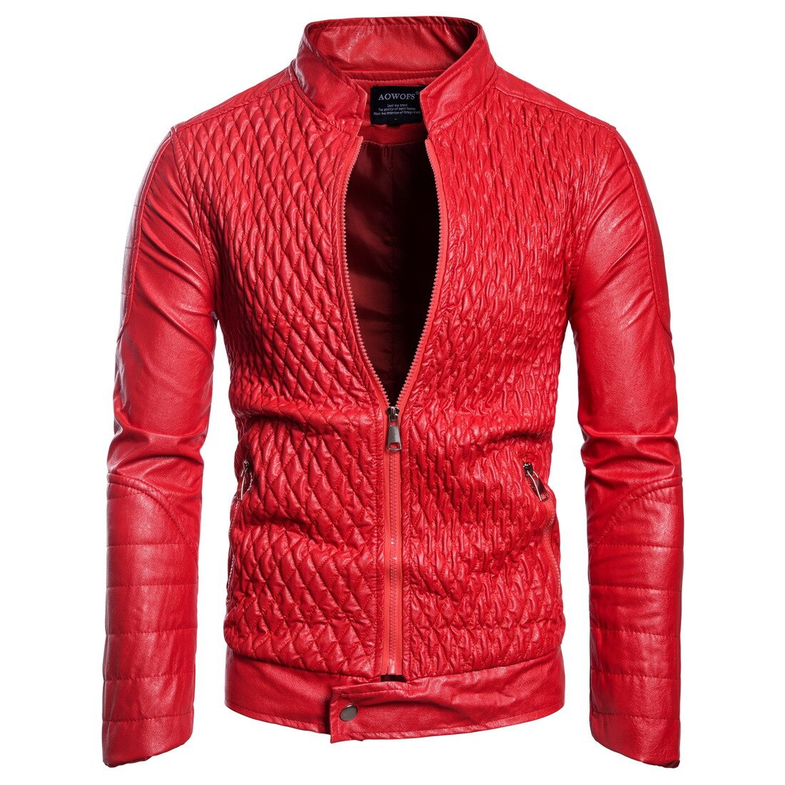 Leather Jacket Men Diamond Design Stand Collar Zipper PU Coats Male Casual Streetwear