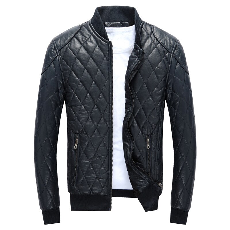 Men's Leather Jackets Stand Collar Thick Warm Motorcycle Bike Riding Faux Jacket Men Leather Casual Patchwork Collar Zipper