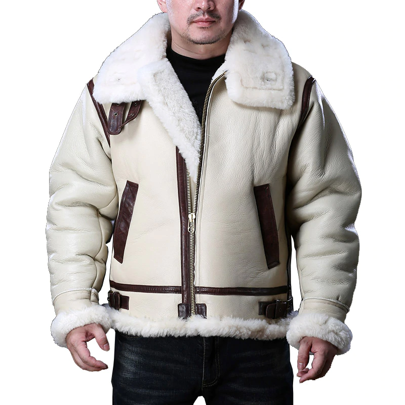 European Size Super Warm Genuine Sheep Leather Coat Mens Big Shearling Bomber Military Fur Jacket