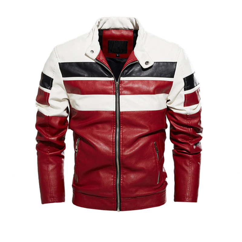 Men's Leather Jacket Stripes Patchwork Motorcycle ...