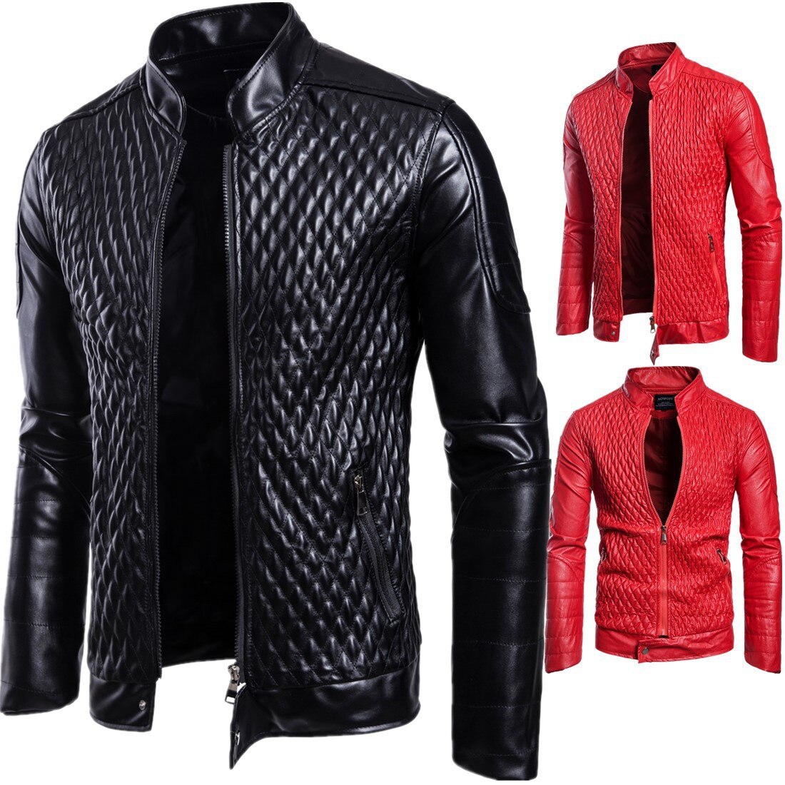 Leather Jacket Men Diamond Design Stand Collar Zip...