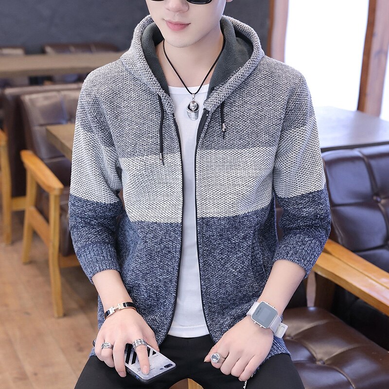 Winter Thick Men's Knitted Sweater Coat Splice Lon...