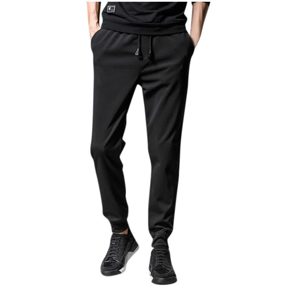 Men Black Pants Fashion Solid Drawstring Pocket Sp...