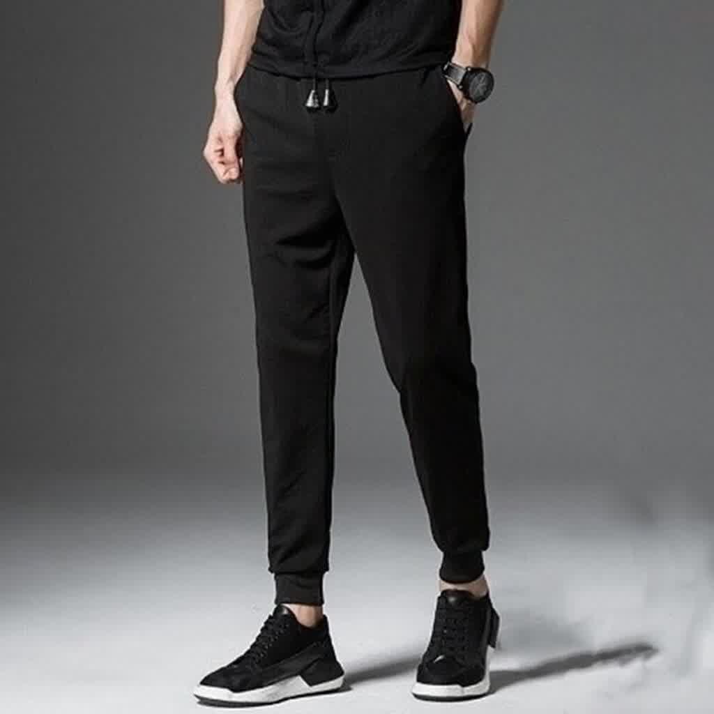 Men Black Pants Fashion Solid Drawstring Pocket Sports Trousers Casual Beam Feet summer pants